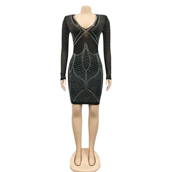 Fashion sexy women's nightclub long-sleeved hot-drilled mesh see-through dress