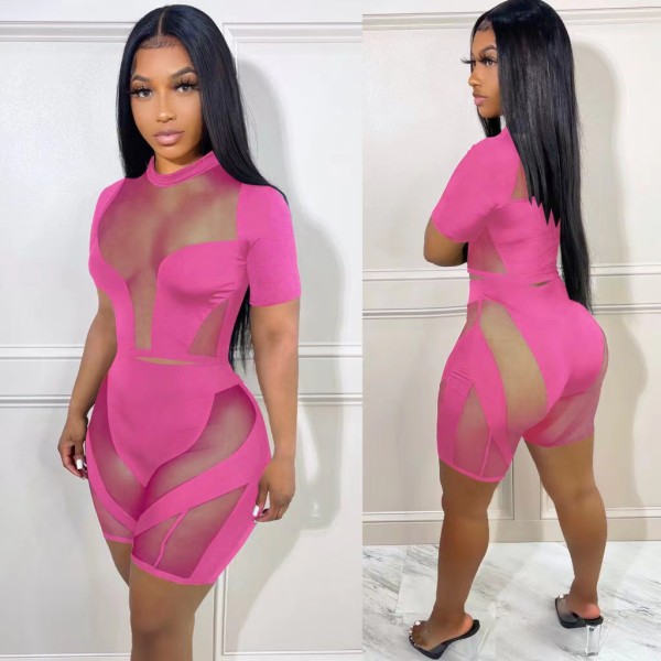 Short-sleeved mesh stitching sexy hollow perspective two-piece set for women