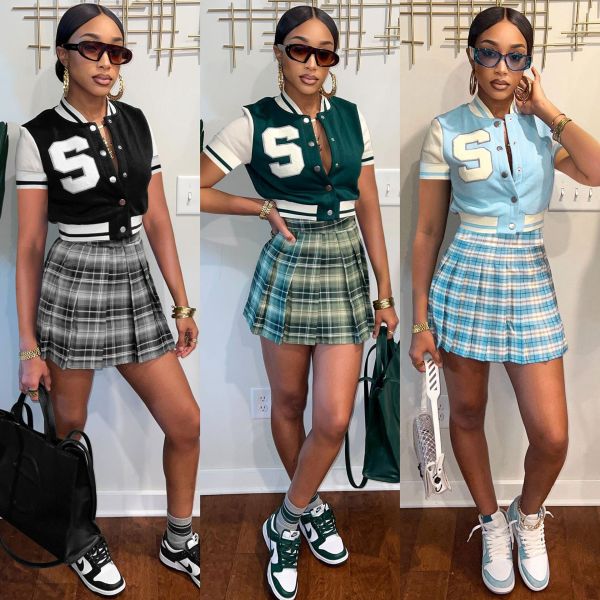 appliqué baseball check print skirt set