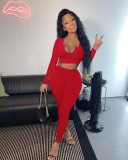 V-neck ribbed long-sleeved trousers two-piece suit