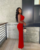 Women's summer solid color ice silk small pit strip one-shoulder split suit