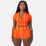 Zip Cardigan Solid Cropped Hooded Two-Piece Set