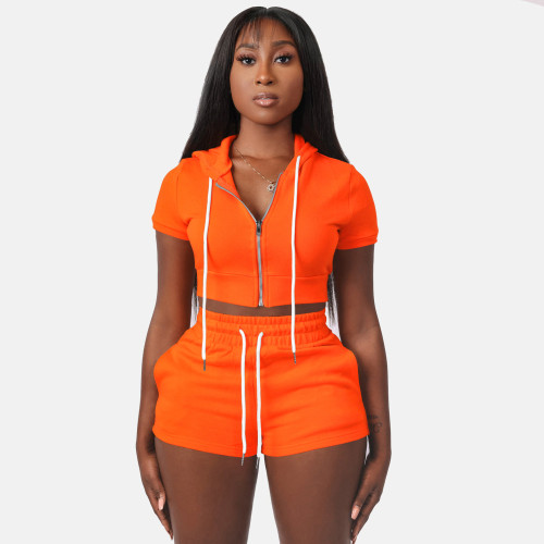 Zip Cardigan Solid Cropped Hooded Two-Piece Set
