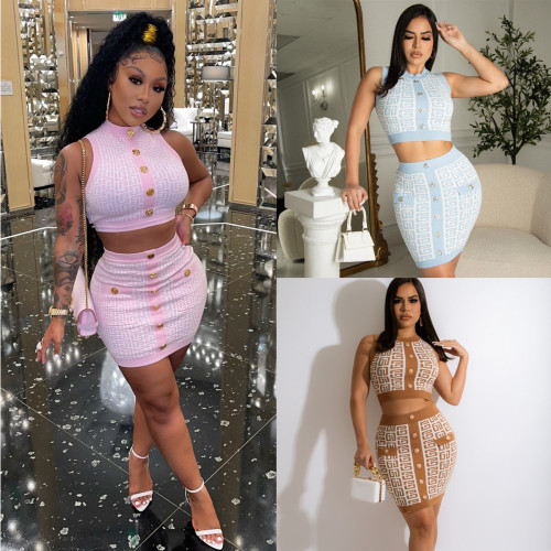 Fashion women's round neck sleeveless waistless skirt suit geometric pattern wool two-piece set