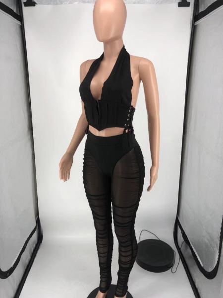 Fashion Open Back Mesh Trousers Set