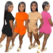 Women's Summer Solid T-Shirt Lace-Up Shorts Two-Piece Set