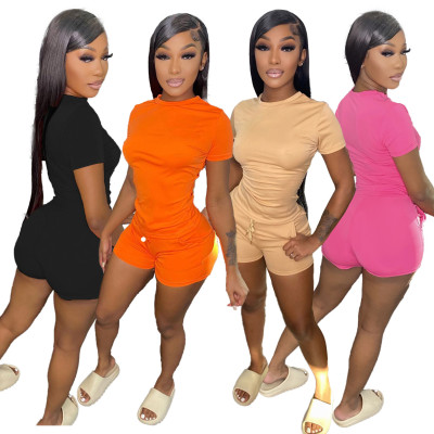 Women's Summer Solid T-Shirt Lace-Up Shorts Two-Piece Set