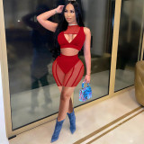 Women's summer mesh stitching wrap chest sleeveless fashion sexy two-piece suit