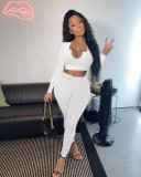 V-neck ribbed long-sleeved trousers two-piece suit