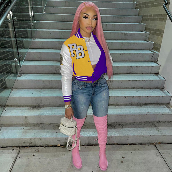 Women's Fashion Casual Women's Color Block Jacket Baseball Jacket