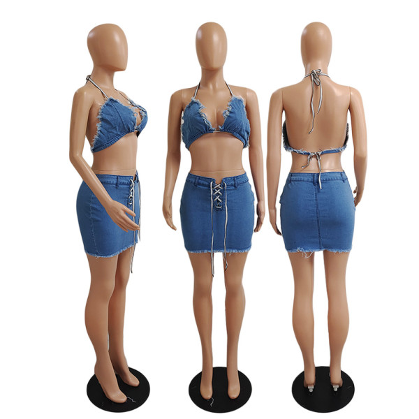 Women's Sexy High Elastic Denim Tie Rope Suit