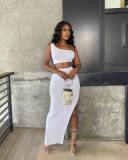 Women's summer solid color ice silk small pit strip one-shoulder split suit