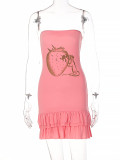 Sexy Sleeveless Slim Fit Strawberry Print Pleated Dress