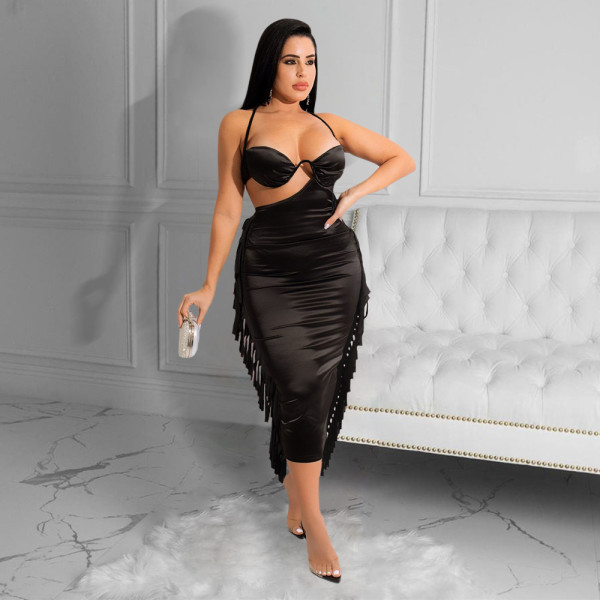 Sexy Fashion Slit Sling Fringe Dress Dress