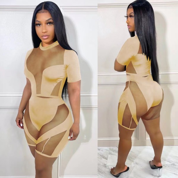 Short-sleeved mesh stitching sexy hollow perspective two-piece set for women