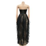 Fashion solid color hot drill tube top fluffy mesh dress women