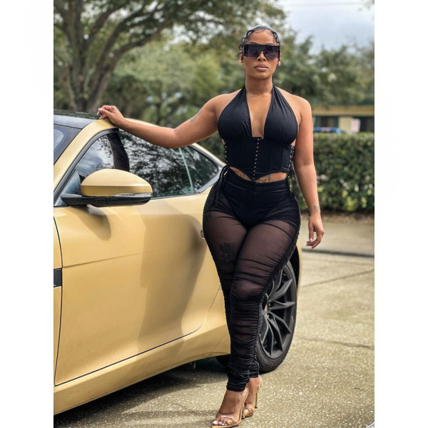 Fashion Open Back Mesh Trousers Set