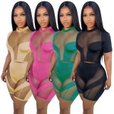 Short-sleeved mesh stitching sexy hollow perspective two-piece set for women