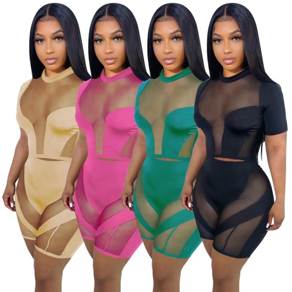 Short-sleeved mesh stitching sexy hollow perspective two-piece set for women