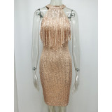 Women's Halter Sleeveless Fringe Panel Slim Fit Summer Casual Sequin Dress