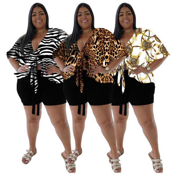 Tie-Up Short Sleeve T-Shirt Printed Shorts Home Tracksuit