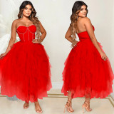 Fashion solid color hot drill tube top fluffy mesh dress women