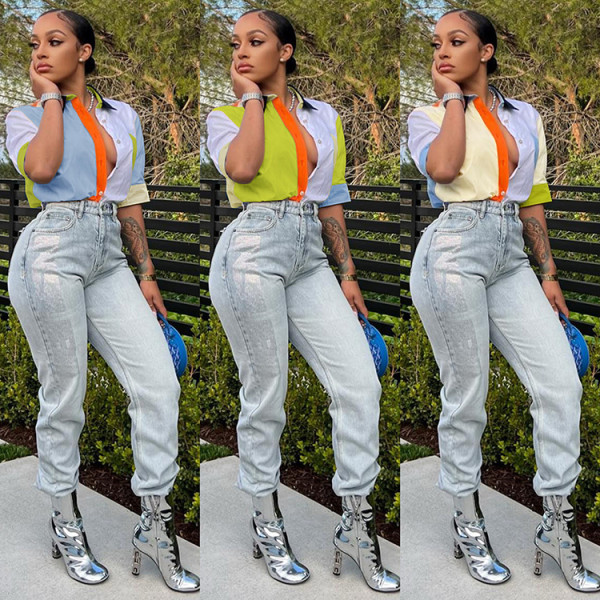 Summer new fashion casual color-blocking color-blocking shirt