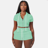 Zip Cardigan Solid Cropped Hooded Two-Piece Set