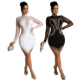 Fashion Deep V Irregular Skirt Zhigong Wool Polyester Mesh Hot Drill Sexy Perspective Nightclub Dress Women