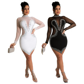 Fashion Deep V Irregular Skirt Zhigong Wool Polyester Mesh Hot Drill Sexy Perspective Nightclub Dress Women