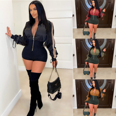 Women's Loose Long Sleeve Zipper Colorblock Bodysuit Fashionable Waist One Piece