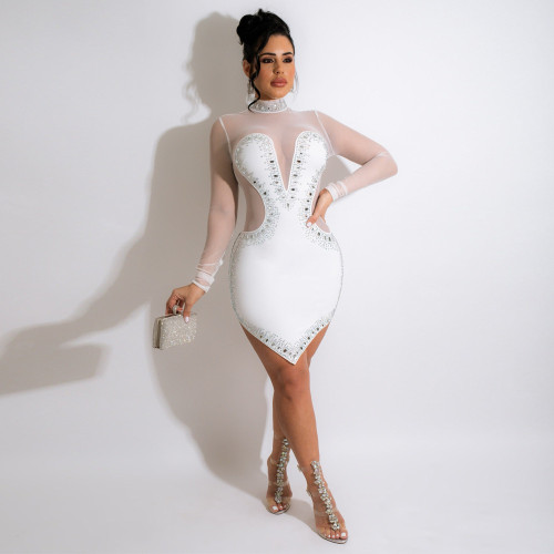 Fashion Deep V Irregular Skirt Zhigong Wool Polyester Mesh Hot Drill Sexy Perspective Nightclub Dress Women