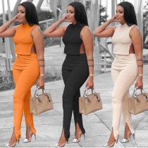 Ladies Sexy Casual Solid Color Round Neck Sleeveless Side Slit Strap Two Piece Set Ladies Sexy Casual Solid Color Round Neck Sleeveless Side Slit Strap Two Piece Set
