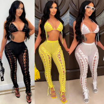 Fashion women's sexy solid color mesh see-through hollow sleeveless vest trousers two-piece set Fashion women's sexy solid color mesh see-through hollow sleeveless vest trousers two-piece set