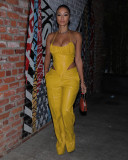 Sexy Skinny PU Leather Pants Suit Show Waist Sling Top Two Piece Set