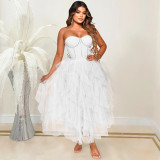 Fashion solid color hot drill tube top fluffy mesh dress women