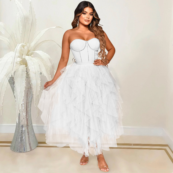 Fashion solid color hot drill tube top fluffy mesh dress women