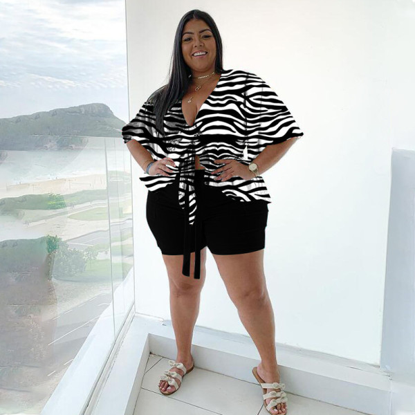 Tie-Up Short Sleeve T-Shirt Printed Shorts Home Tracksuit