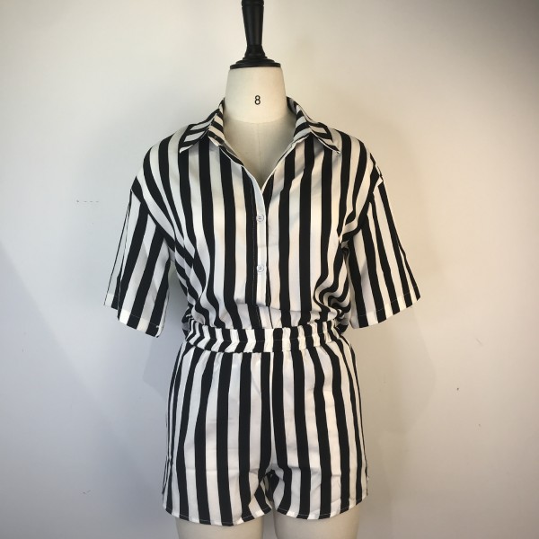 Sexy Fashion Shorts Set Button Stripe Shirt Two Piece
