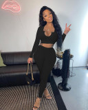 V-neck ribbed long-sleeved trousers two-piece suit