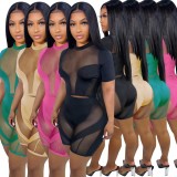 Short-sleeved mesh stitching sexy hollow perspective two-piece set for women