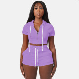 Zip Cardigan Solid Cropped Hooded Two-Piece Set