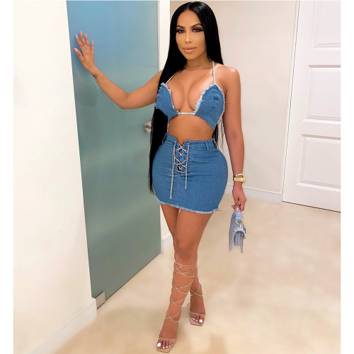 Women's Sexy High Elastic Denim Tie Rope Suit
