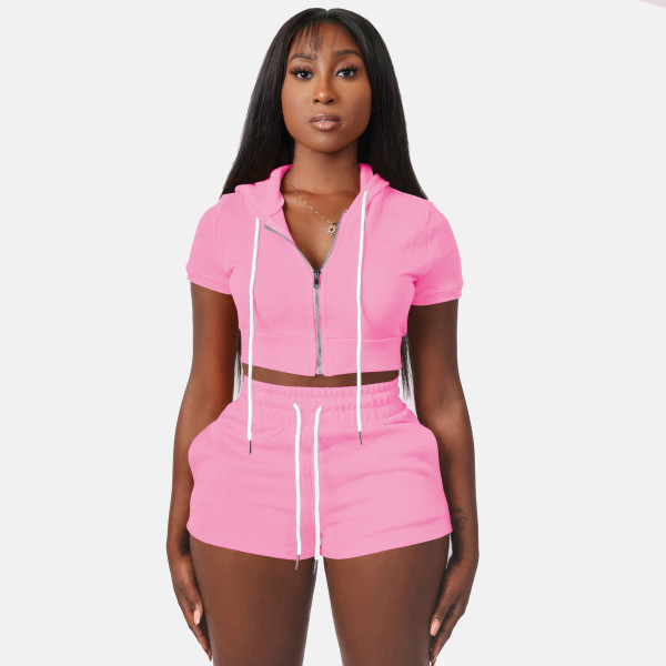 Zip Cardigan Solid Cropped Hooded Two-Piece Set