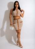 Fashion women's round neck sleeveless waistless skirt suit geometric pattern wool two-piece set