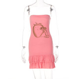 Sexy Sleeveless Slim Fit Strawberry Print Pleated Dress