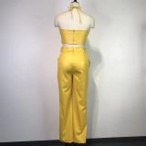 Sexy Skinny PU Leather Pants Suit Show Waist Sling Top Two Piece Set