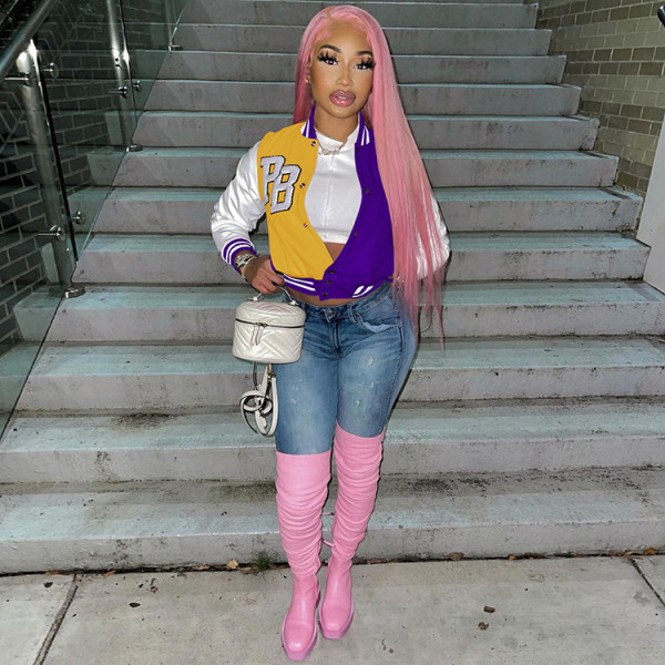 Women's Fashion Casual Women's Color Block Jacket Baseball Jacket