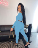 V-neck ribbed long-sleeved trousers two-piece suit