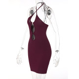 women's hollow strap halter neck reveal backpack hip dress
